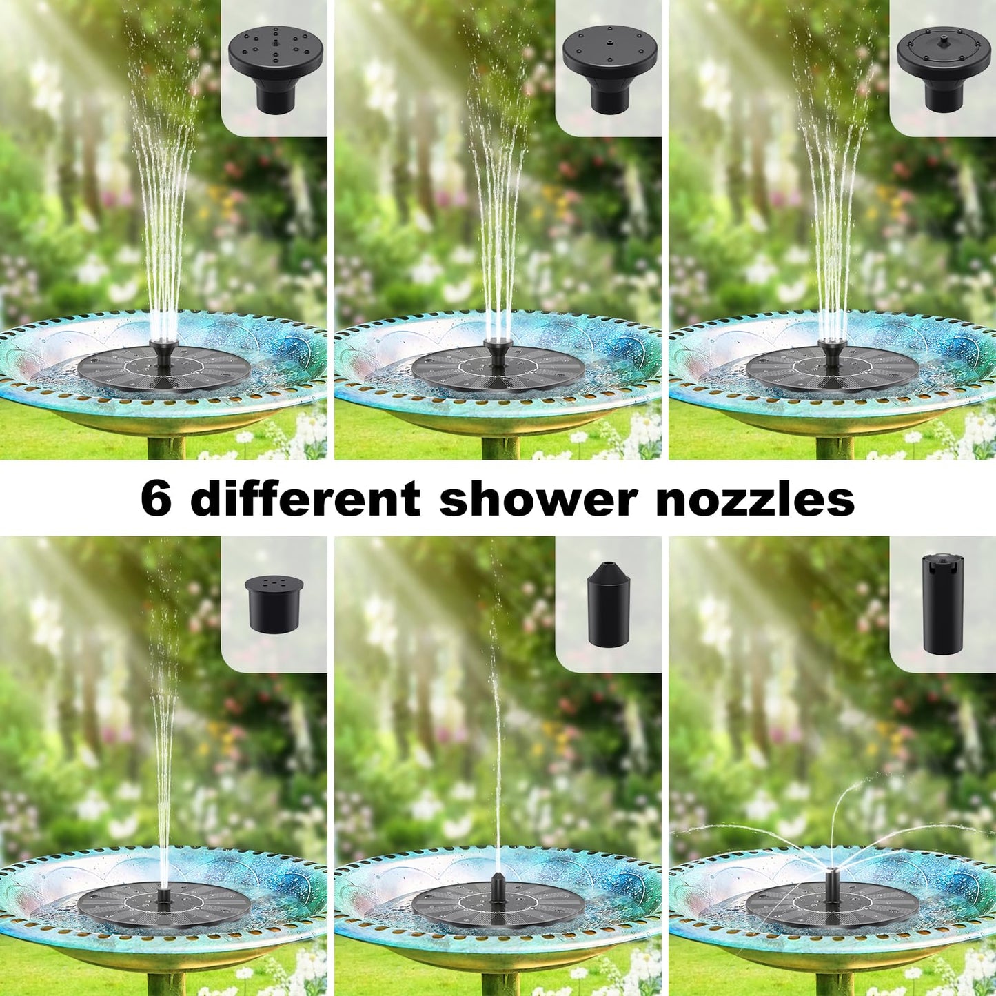 Solar Water Fountains,Solar Powered Bird Bath Fountain with 6 Nozzles
